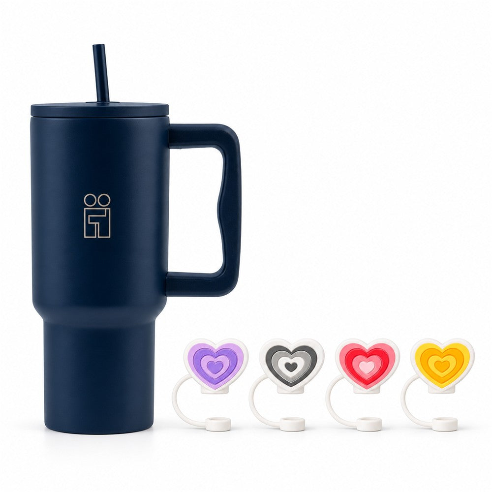 Combo Hugs My Tumbler 900ml Deep Navy Blue & Straw Toppers Hearts Σετ 4τμχ