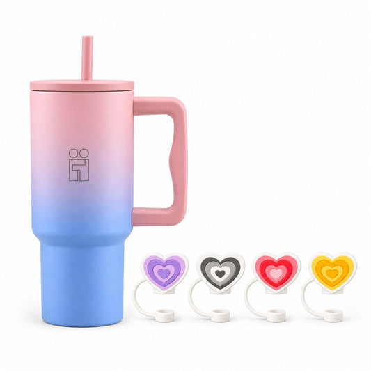 Combo Hugs My Tumbler 900ml Ombre Pink & Straw Toppers Hearts Σετ 4τμχ