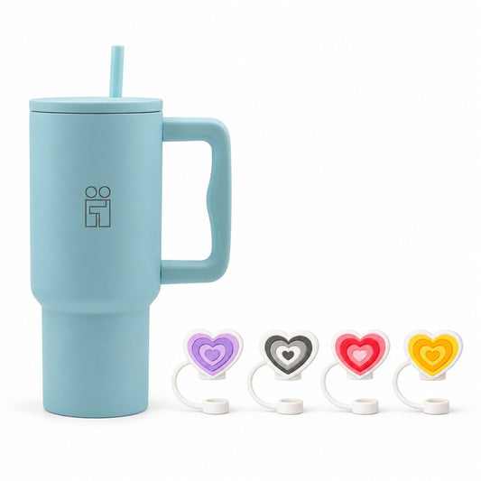 Combo Hugs My Tumbler 900ml Soft Sky & Straw Toppers Hearts Σετ 4τμχ