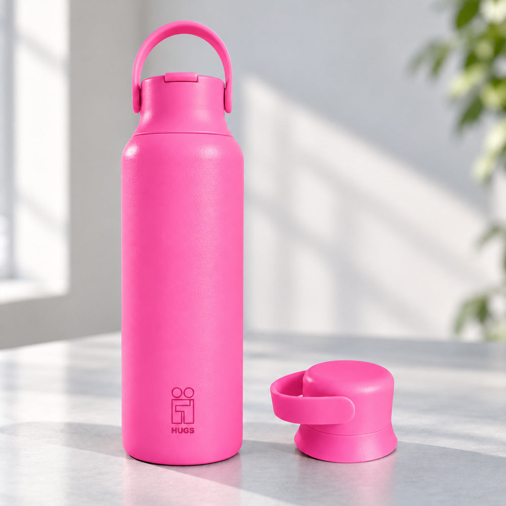 Hugs Zero 600ml Pink Pulse, με το καπάκι με καλαμάκι και το δεύτερο καπάκι δίπλα