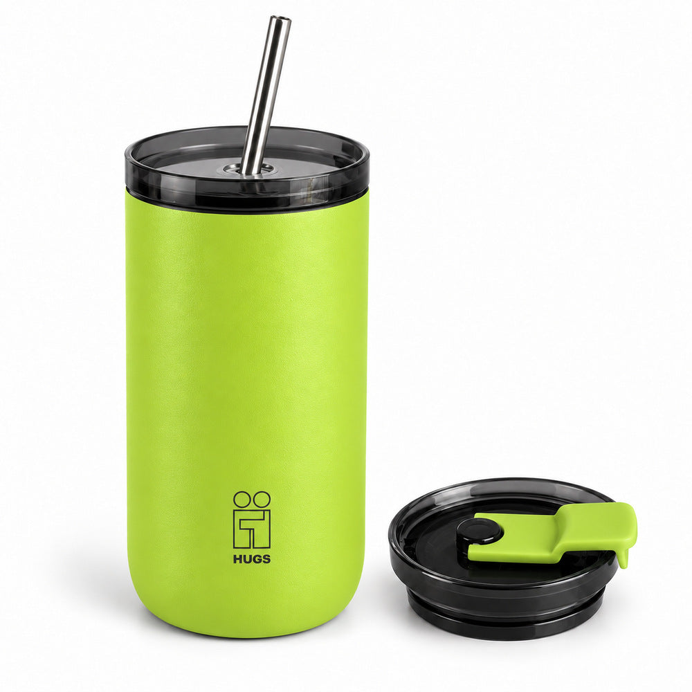 Hugs Zero Coffee Mug 350ml Lime Energy, τα δύο καπάκια που περιλαμβάνονται μαζί, σε λευκό φόντο